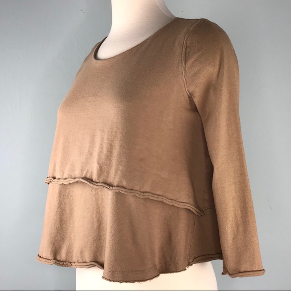 Free People Brown Crop Top Size XS Blouse 3/4 Sleeves Raw Edge Sustainable Boho - Picture 4 of 8
